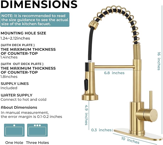 Kitchen Faucet with Soap Dispenser, Brushed Gold | 360° high arc spout, single handle, fingerprint-resistant, drip-free valve, DIY install kit, NSF certified