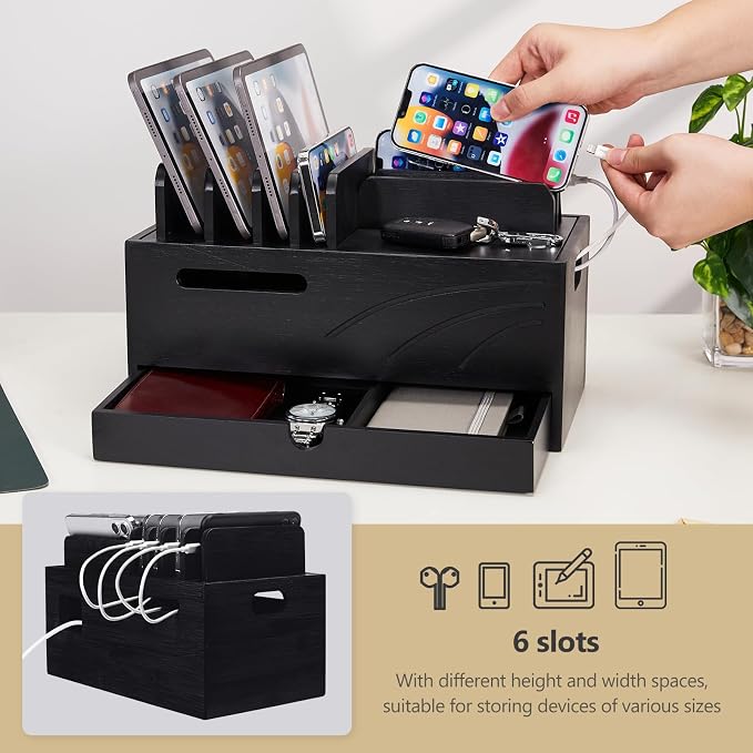Homde Natural Bamboo Charging Station Rack for Multiple Devices Cable Cord Management Box Organizer Holder with 6 Slots Drawer for Chargers Phones Tablets Watches Electronics (Black)