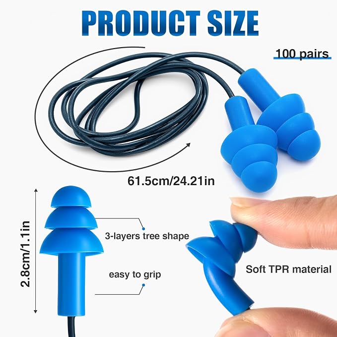 Blulu 100 Pair Metal Detectable TPR Corded Ear Plugs Bulk Blue Disposable Earplugs with Detectable String Noise Cancelling Sound Blocking for Food Services Industry Pharmaceutical Pulp and Paper