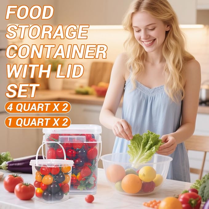 1 Gallon Food Storage Buckets with Lids, 4 Pack Square Clear BPA Free Plastic Containers with Handles and Labels for Pantry, Dry Goods, Meal Prep and Freezer