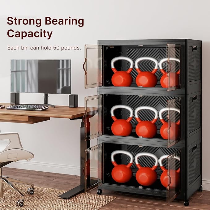 Stackable Storage Bins, 525QT Collapsible Drawers with 1 Lid | Large Capacity, Magnetic Door, Stack Lock, Rolling Wheels, Foldable Design, Organizers and Storage for Bedroom Dorm Garage
