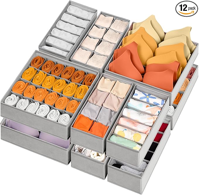 Criusia 12 Pack Sock Underwear Drawer Organizer Dividers, 116 Cells Fabric Foldable Dresser Closet Organizers and Storage Bins for Baby Clothing, Women Men Underwear Socks, Bra, Ties, Scarf