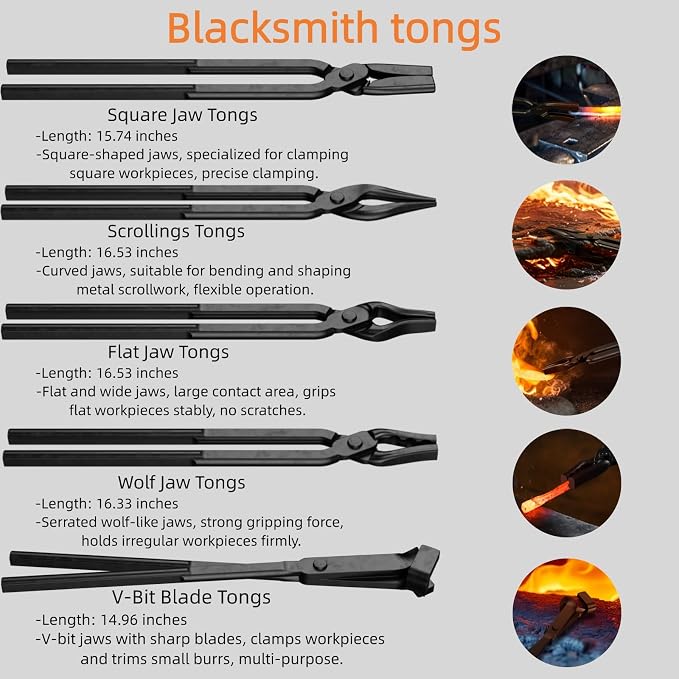 5PCS Blacksmith Tongs Set with Hammer - V-Bit Blade, Wolf Jaw, Scrollings, Flat Jaw & Square Jaw, Assembled High Carbon Steel Forging Tools for Metalworking
