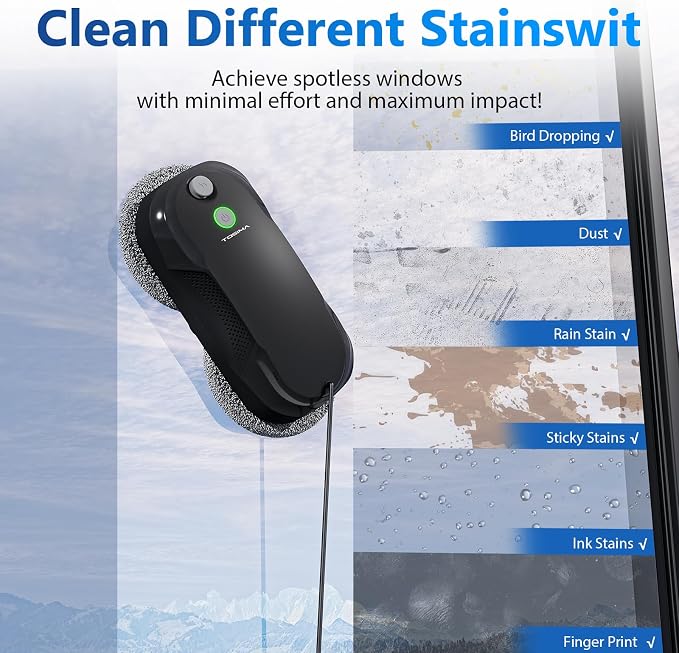 Tosima W5 Window Cleaning Robot, Dual Direction Auto-Spray Smart Window Cleaner with Triple Safety System, Smart Navigation, Remote Control, for All Smooth Surfaces, with 8 Rags, Black Robotic Vacuums