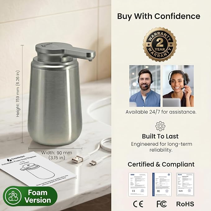 GentleJet NovaJet Automatic Foaming Soap Dispenser Touchless Sensor, USB-C Rechargeable, 304 Stainless Steel, IPX5 Waterproof for Bathroom Kitchen Sink, 12 oz / 350 ml