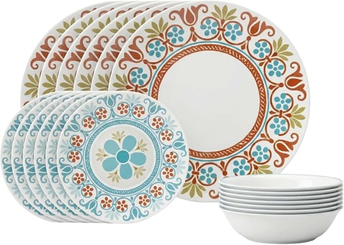 Corelle Terracotta Dreams Dinnerware Set for 6 18 Pieces Dinner Plates, Appetizer Plates, and 18 Oz Bowls Dishwasher, Microwave, and Freezer Safe Proudly Made in the USA