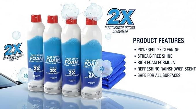 Fast Shine Foam Glass Cleaner Spray, Streak-Free Shine, Rainshower Scent, 19oz, 4 Pack with Microfiber Towels