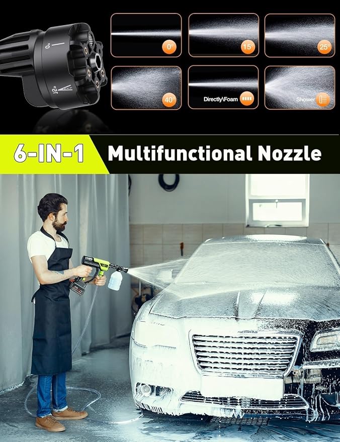 Cordless Car Washer, Lightweight Portable Cleaning Tool | 6-in-1 Nozzle, Battery Powered, Ideal for Small to Medium Cleaning Tasks, Car, Garden & Fence