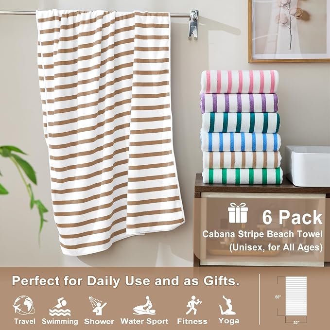 JML Microfiber Beach Towels, 6 Pack, 30" x 60", Cabana Stripe Coffee | Hanging Loop, Absorbent, Quick Dry, For Adults, Travel, Summer Party, Sport, Swimming, Pool, Yoga, Camping