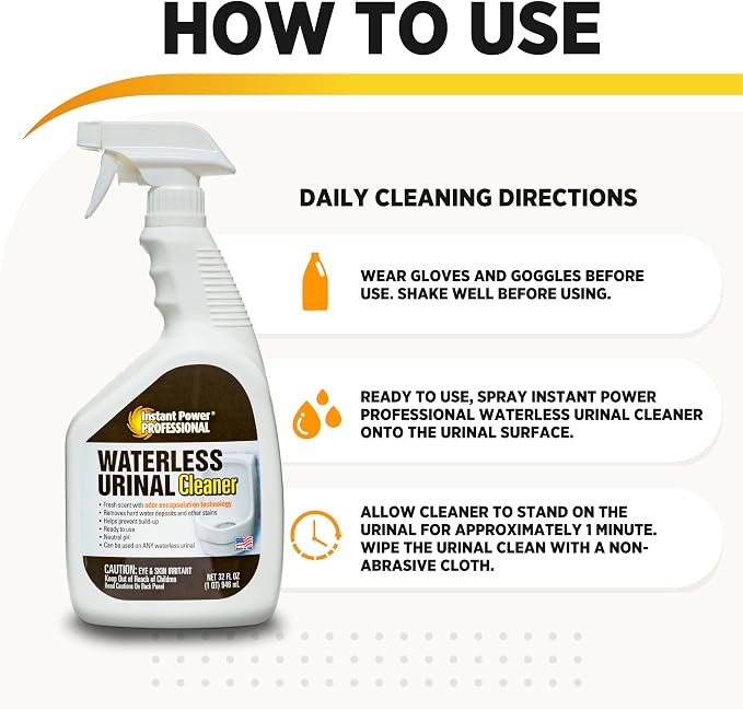 Instant Power Professional Waterless Urinal Cleaner – Removes Hard Water Deposits and Other Stains, Prevents Drain Buildup, Ready to Use, 32 Oz