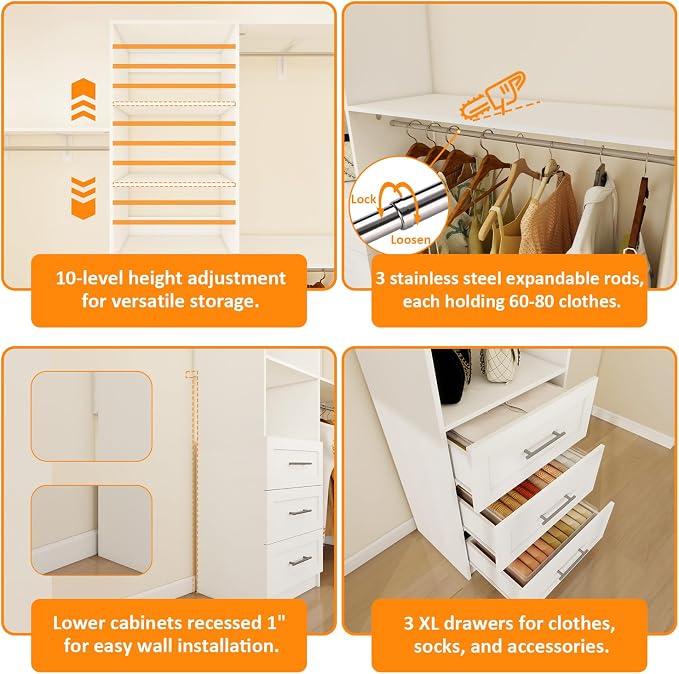 96 inch Closet System with Wooden Drawers, 5FT-8FT Closet Organizer System with Shelving Tower, Walkin Closet System with Expandable Hanging Rods & Movable Shelves, Wall Mount, 91.3”*14.8”*81”,White