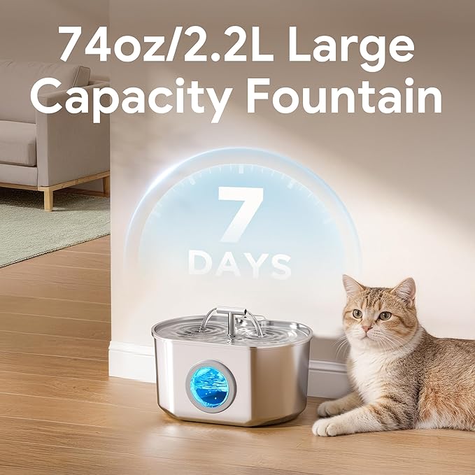 Cat Water Fountain Stainless Steel - 2.2L/74oz Cat Drinking Fountain | Pet Water Fountain for Cats Inside - Ultra Quiet Pet Watering Dispenser - for Small Animals
