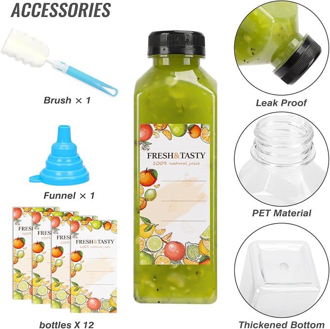 TOMNK 12pcs Juice Bottles, 16oz Reusable Plastic Juice Bottles with Caps and Labels, Funnel, Brush Beverage Containers for Juicing, Smoothies, Tea, Milk