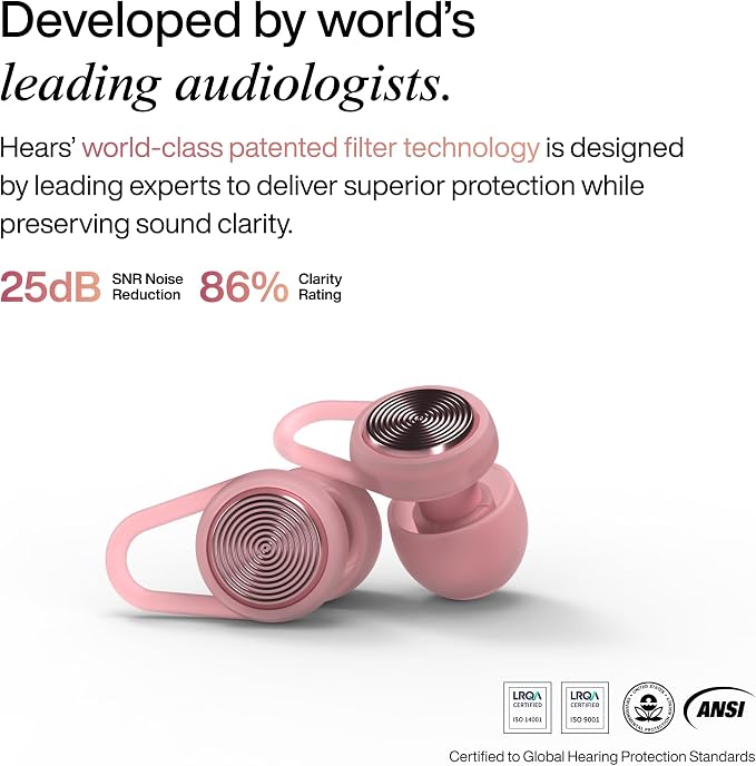 Hears One Ear Plugs for Noise Reduction - Patented Reusable Concert Earplugs, 20dB SNR Sound Reduction, Hypoallergenic for Musicians, Motorcycle and Sleeping with 4 tip Sizes – Cabana Pink