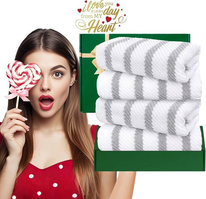 VOOVA & MOVAS Bathroom Hand Towels 4PC, 100% Cotton, 18x28 in, Gray White | Quick Dry, Thick, Soft, Absorbency, Dorm Room Essentials, Ideal For Shower, Gym, Daily Use