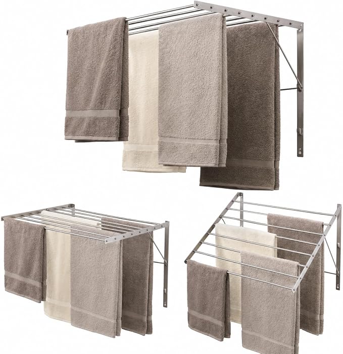 Smartsome | Wall Mounted | Clothes Drying Rack | 30" Wide | 20 Linear Feet Capacity | 8 Smooth Round Stainless Steel Rods | 60 lb Capacity | Fully Assembled | Compact Sturdy Space-Saving Design