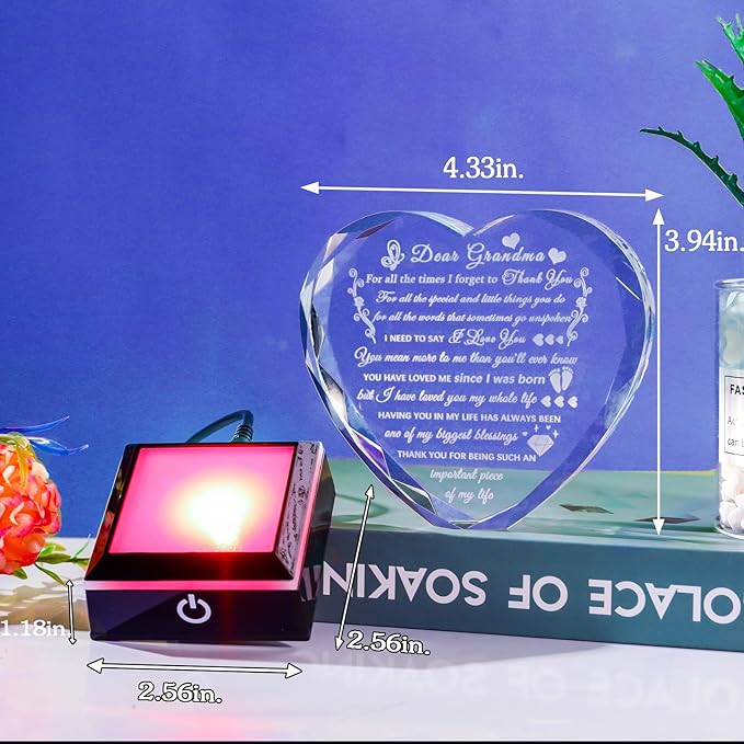 Arikyrist Grandma Birthday Gifts with Colorful LED Base Meaningful Crystal Heart Gifts for Grandma from Grandkids Great Gift Ideas for Grandmother on Mothers Day Valentine Thanksgiving