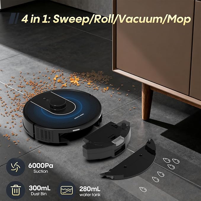 Bagotte Robot Vacuum and Mop Combo, 6000Pa Robotic Vacuums with Mapping, LiDAR Navigation,Automatic Self-Recharging, 2.4G WiFi/App/Alexa/Remote Control for Pet Hair,Hard Floor,Carpet