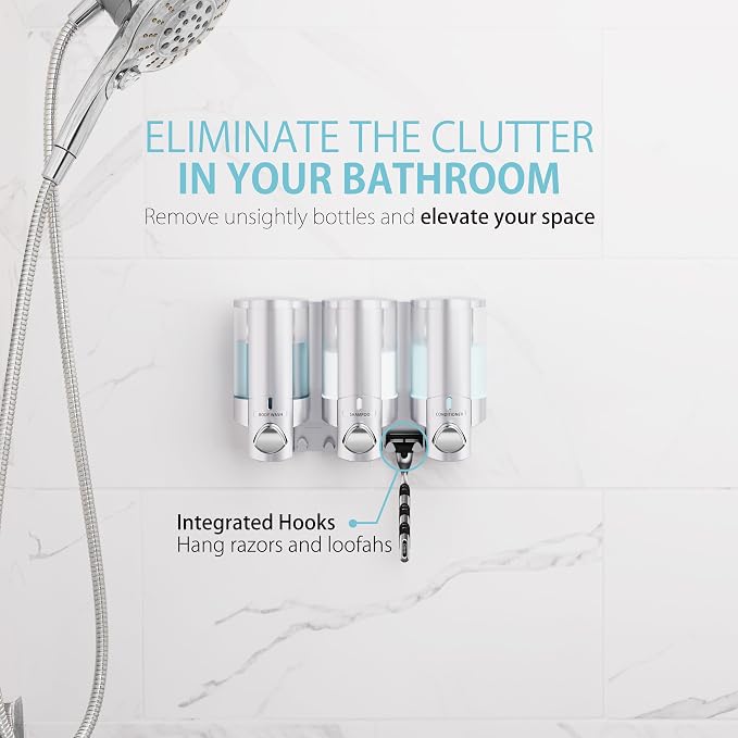 Better Living Aviva Shower Dispenser 3 Chamber,Wall Mount Shower Soap Dispenser for Bathroom Hotel Body Wash,Built-in Hooks,No Drill,Waterproof Shampoo Soap-Dispenser,3 x11 oz,Satin Silver,(Pack of 6)