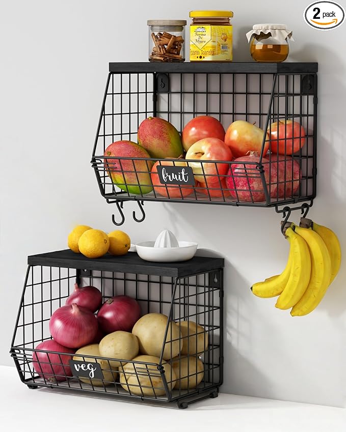 Goozii Black Kitchen Wall Hanging Storage Basket Set of 2, Rustic Stackable Kitchen Counter Fruit Organizer, Wire Baskets Container for Veggie, Garlic, Produce, Onion and Potato (Black Shelf)