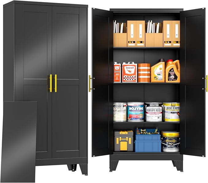 PAOFIN 61" Metal Storage Cabinet with 2 Doors and 3 Adjustable Shelves,Black Metal Garage Storage Cabinets, File Cabinet,Steel Tool Cabinets for Home,Office,Garage,School,Warehouse