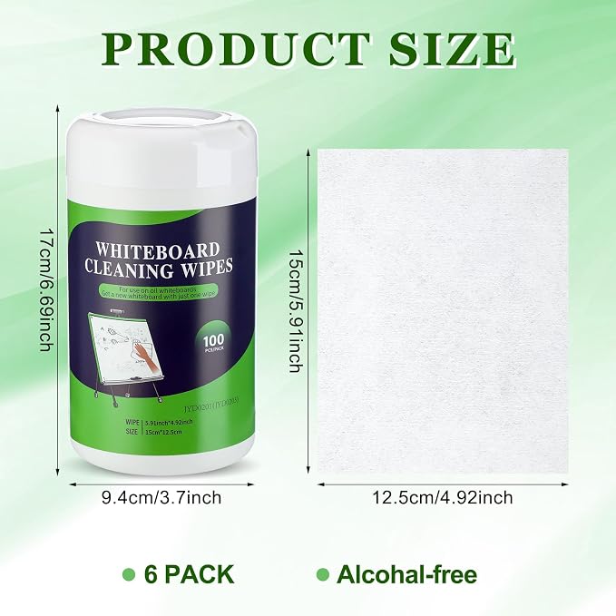 Threlaco 6 Pack Dry Erase Wipes 600 pcs Whiteboard Cleaning Wipes Wet Whiteboard Cleaner Classroom Teacher Supplies, 100 pcs Per Canister