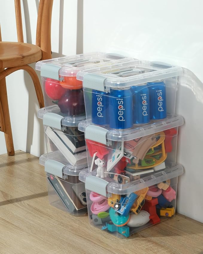 EOENVIVS Plastic Storage Bins 7 Quart-Storage Organizer Bins with Grey Buckle Lids, Stackable Storage Bins with Lids for Home Office Kids Room Closet School Art Supplies Organization,6 Packs, Clear