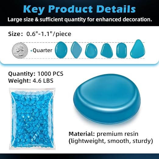 NAMTSO Blue Glow in the Dark Rocks Outdoor Garden Decor, 1000 pcs, 4.6 lbs | Large 0.6"-1.1"/pc, Resin Glowing Pebbles, Luminous Stones for Landscaping, Patio, Backyard, Lawn, Aquarium & Fish Tank Decor