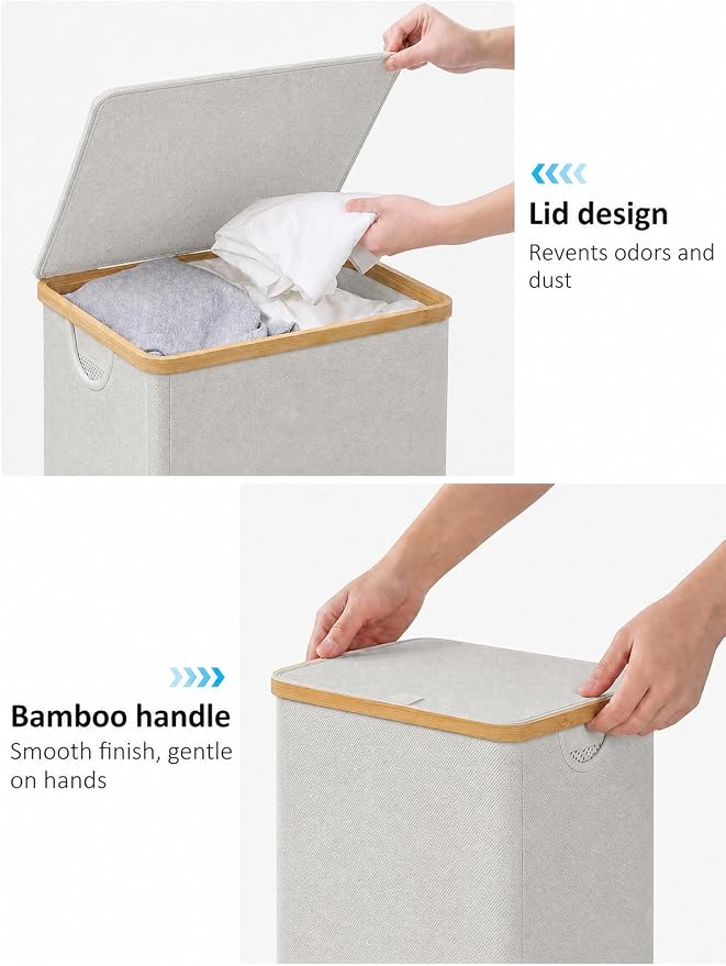 iEGrow 110L Laundry Basket with Lid, Laundry Hamper with Bamboo Handle,Clothes Basket Organizer with Removable Inner Bag for Clothes Towels,Light Grey
