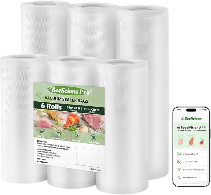 Beelicious Pro Vacuum Sealer Bags Rolls for Food 6 Pack 3 Rolls 11" x 20' and 3 Rolls 8" x 20' Commercial Grade with BPA-Free, Durable Customized Size Food Storage Bags for Sous Vide