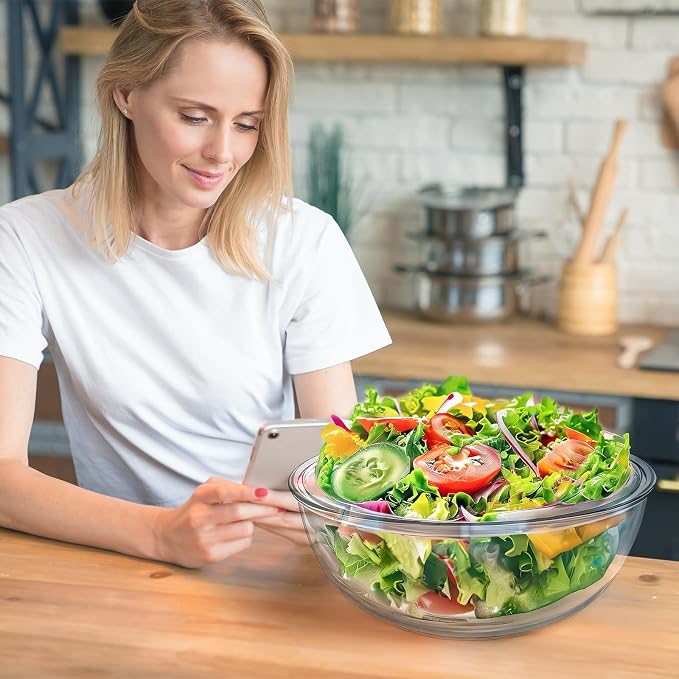 6.3 Qt Large Glass Mixing Bowl,12.3" Clear Glass Salad Cooking Bowls For making sourdough Prepping, Mixing, Marinating & Brining Kimchi