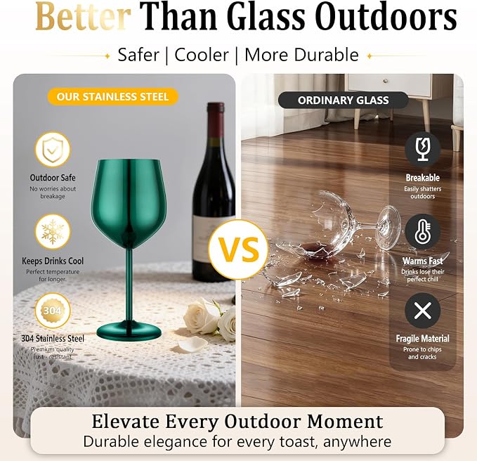 UNISWEET Unbreakable Stainless Steel Wine Glasses Set of 4, Green | 17oz Unique Fancy Metal Wine Goblets, Shatterproof, Ideal for Outdoor, Camping, Travel, Pool, Great Gift for Wine Lovers