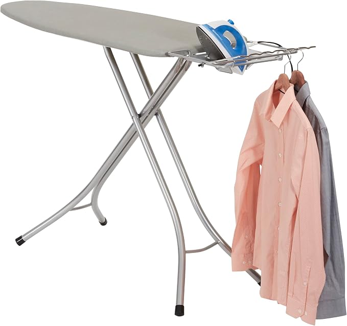 Household Essentials Wide Top Ironing Board with 4‑Leg Steel Frame, Fixed Iron Rest, Silicone‑Coated Cotton Cover, Grey