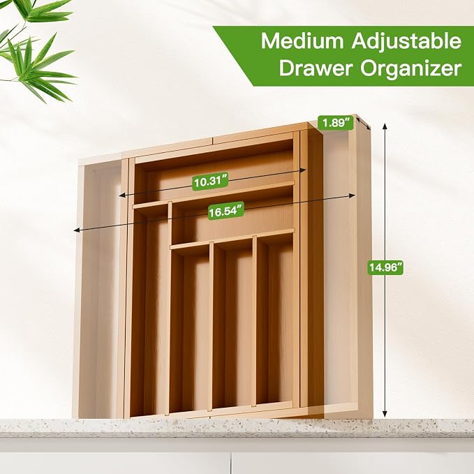 Pipishell Bamboo Expandable Drawer Organizer for Utensils Holder, Adjustable Silverware Organizer Cutlery Tray, Drawer Dividers for Utensils, Flatware, Knives in Kitchen, Bedroom, Living Room(M-Brown)