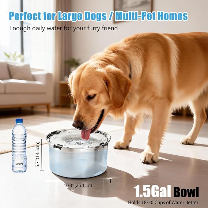 SCHITEC No Spill Dog Water Bowl for Large Dogs, 5.6L / 1.5 Gallon Stainless Steel Splash-Proof Slow Drinking Pet Dish with Floating Disk & Non-Slip Base, Mess-Free Design for Home or Travel-Light Gray