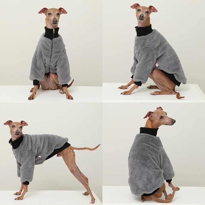 D DOGGYSTAR Italian Greyhound Winter Faux Fur Zip Up Coat Warm Plush Jacket for Slim Long Leg Dogs (3XL,Zip-up Dark Grey)