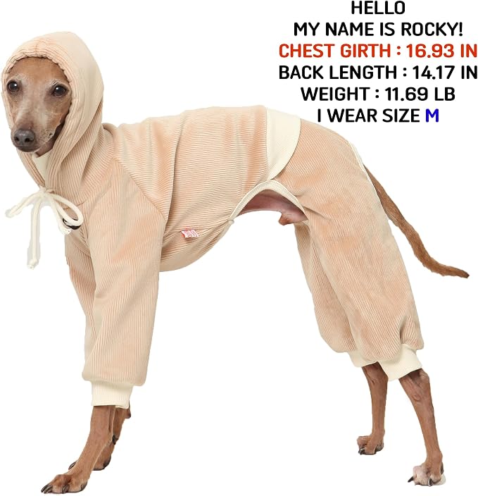 D Doggy Star Italian Greyhound Clothes, Corduroy Velvet Hooded Jumpsuit, Stretchy and Cozy (2XL,Hoodie Beige)
