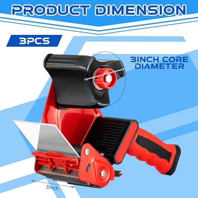 Hicarer 3 Pcs 3 Inch Packing Tape Gun Heavy Duty Tape Dispenser | Non Slip Silicone Handle, Portable for Shipping, Moving, Carton and Box Sealing