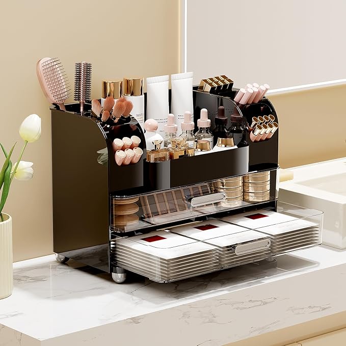 UFORU Makeup Organizer for Vanity with 2 Large Drawers, Cosmetic Display Case with Brush Holders, Easy to Storage for Bathroom Countertop Skincare, Perfume, Black
