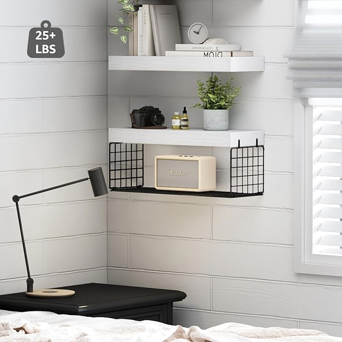 QEEIG Bathroom Shelves Over Toilet - Wall Mounted Floating Shelves Toilet Paper Storage Small Farmhouse Decor Shelf 16 inch Set of 2, White and Black (019-WB2)