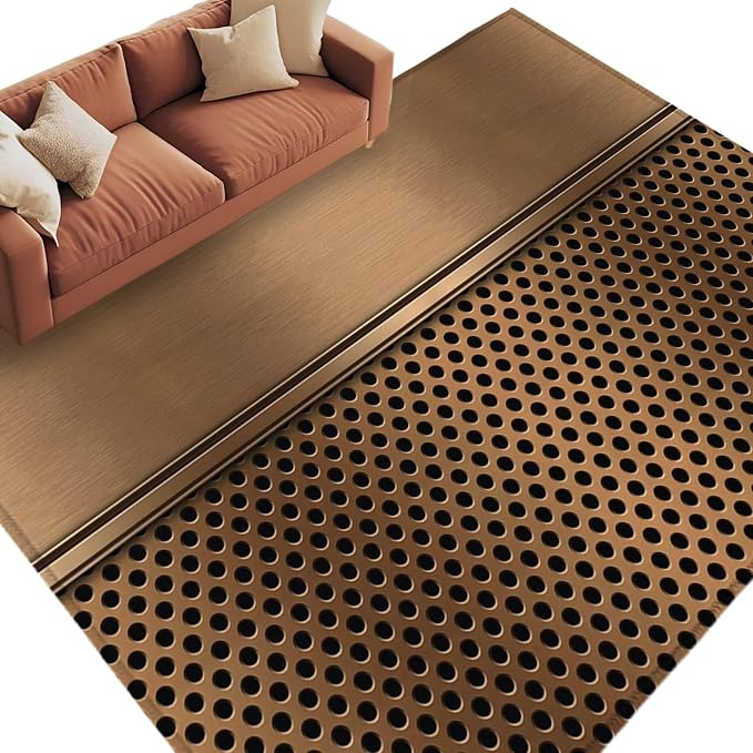 8 x 10 Ft Large Area Rug for Living Room, Brown Metal Hole Indoor Accent Rugs for Bedroom, Modern Copper Net Eye Hole Pattern Decorative Modern Carpet Washable Low Pile Non Slip Rug for Dining Room