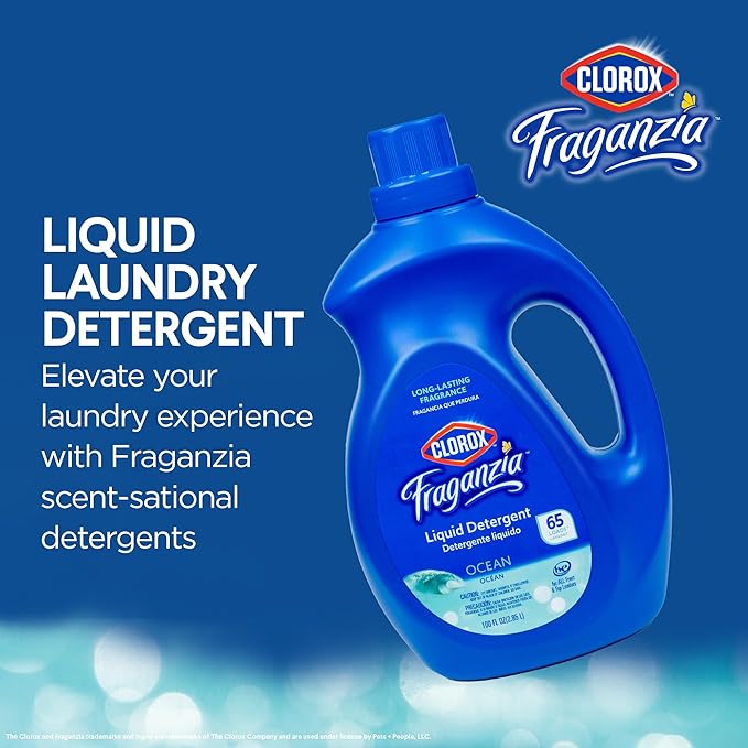 Clorox Fraganzia Liquid Laundry Detergent, Ocean Scent - High Efficiency Formula for All Front and Top Load Washing Machines, Long-Lasting Crisp Fragrance, 65 Loads per Bottle, 100 Fl Oz