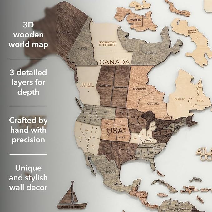 Enjoy The Wood 3D Wooden World Map Wall Art - Large Travel Map with Pins for Art Decor - Decorative Map of the World for Home, Office - Travel Wall Art Housewarming Gift Idea (Smokey, 3XL, Unframed)