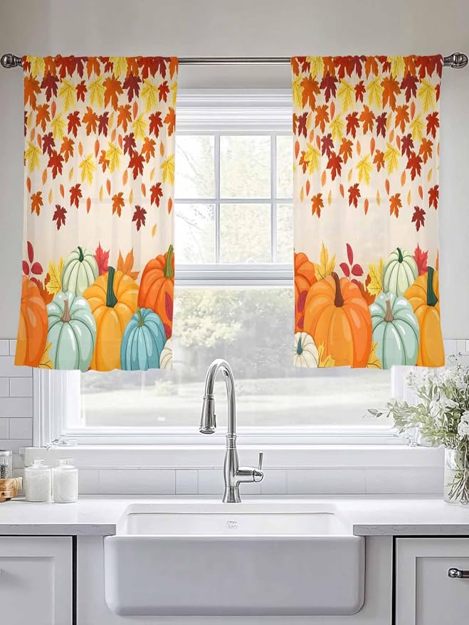 Thanksgiving Fall Chiffon Semi-Sheer Curtain 45 Inch,Autumn Pumpkins Maple Leaves Rod Pocket Voile Window Curtain Panels,Orange Watercolor Tulle Curtains Drape for Living Room/Sliding Door, 104"x45"