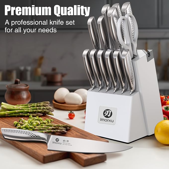 imarku® Knife Set, Japanese HC Stainless Steel 15 PCS Kitchen Knife Set With Block With Built-in Sharpener, Razor-Sharp Blade Knife Block Set With Dotted Ergomomic Handle, Best Birthday Gifts, White