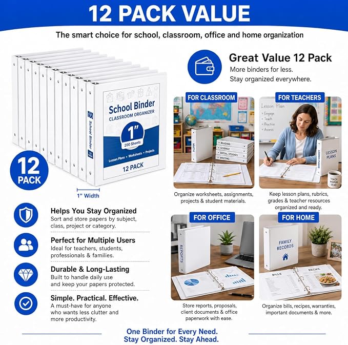 Durable 1 inch 3-Ring Binder, 1" Round Ring Binders with 2 Inside Pockets, Basic 1 in Binders, PVC- Free, Clear View Cover 1-inch-Binder Holds 8.5'' x 11''Paper for Office/School/Home（12 Pack, White