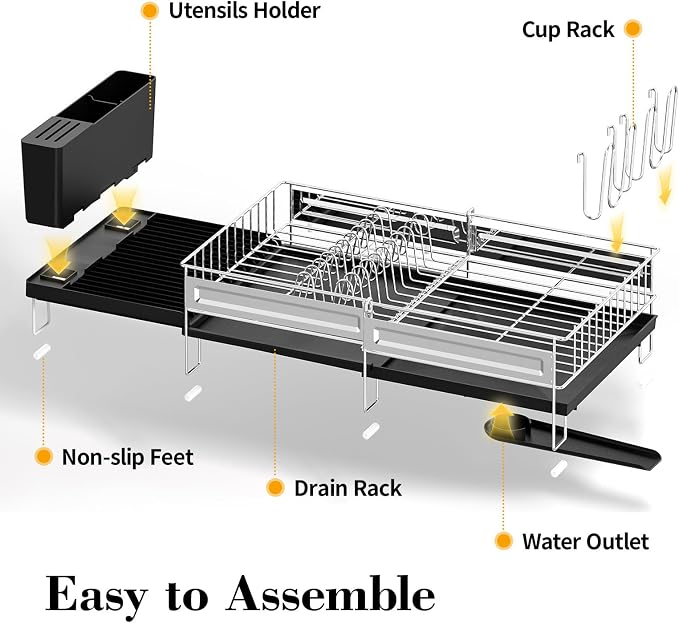 Delamu Large Dish Drying Rack, Stainless Steel Dish Racks for Kitchen Counter, Multifunctional Dish Drainer with Cutlery & Cup Holders, Extendable from 13.4 to 28.7 in, Black