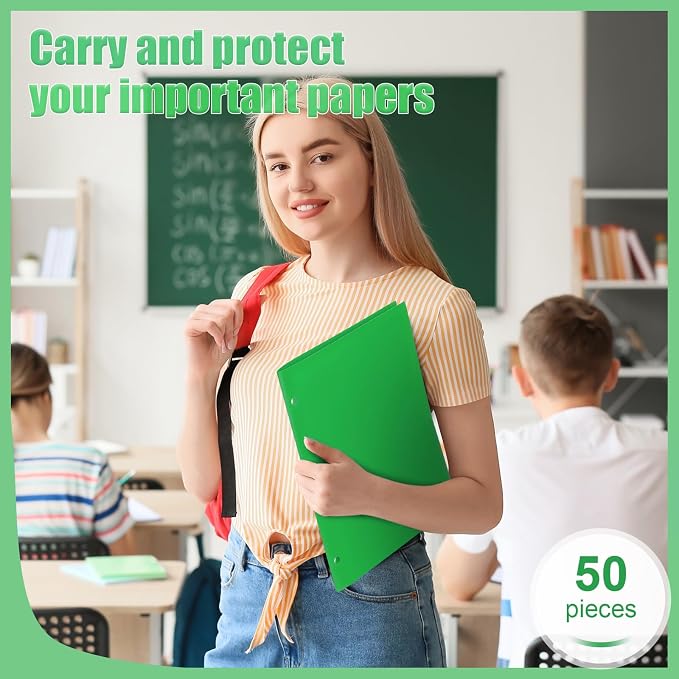 Yeaqee 50 Pcs Plastic Folders with Pockets Bulk 3 Hole Punched 2 Pocket File Folders for 3 Ring Binder Divider Folder for Notebooks, Durable Poly for Office Home (Green)