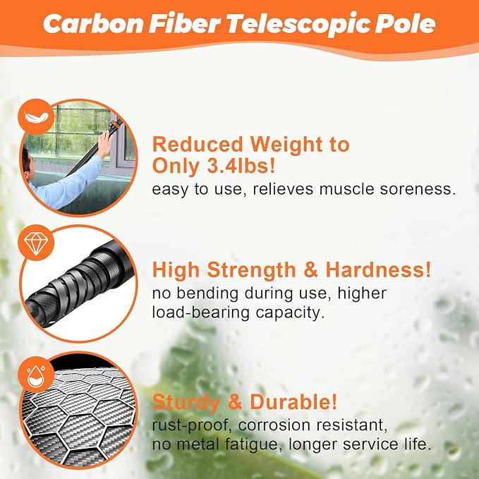 4.7-30FT Carbon Fiber Telescopic Squeegee for Window Cleaning Kit | Ultra-Light Heavy-Duty Carbon Fiber Extension Pole with 3/4 threaded Tip for Wide Accessory Compatibility