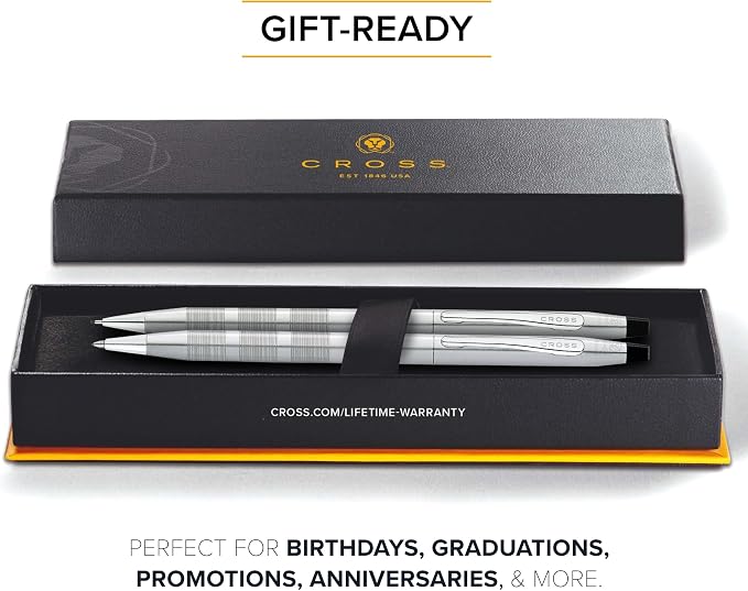 Cross Classic Century Refillable Pen & Pencil Gift Set Presented in a Luxury Gift Box - Medium Point, Black Ink, Satin Chrome
